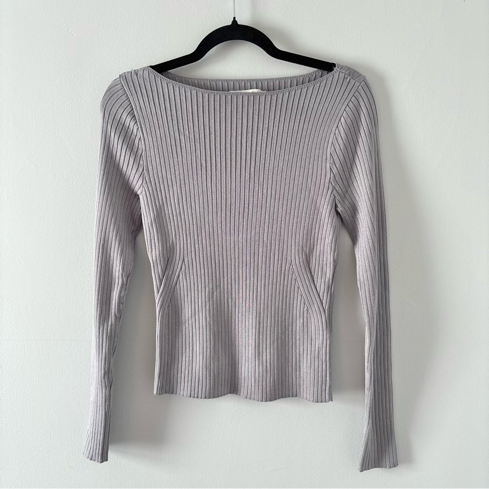 Abercrombie & Fitch NWT Metallic Rib Knit Long-Sleeve Top Boatneck Silver
